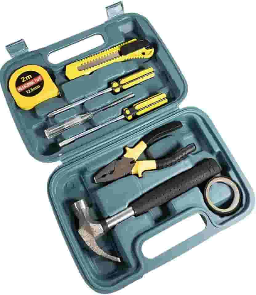 1 Kit de Ferramentas Manuais 9 Peças LEPORT, Estojo Azul com Martelo, Alicate e Chaves, Trena 2m