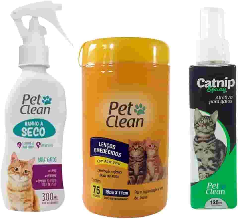 Kit Pet Clean para Gatos, Banho a Seco 300ml, Lenços Umedecidos com Aloe Vera 75un, Catnip Spray 120ml