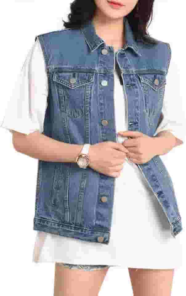 Jaqueta jeans feminina lavada com botões grandes sem mangas