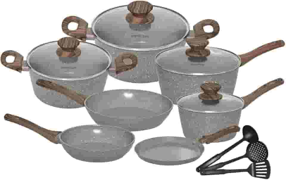 Mimo Style Conjunto 7 panelas de indução + 3 acessórios, Aluminio, 2 camadas de revestimento cerâmico, 1 camada resistente à alta temperatura (Grafitto)