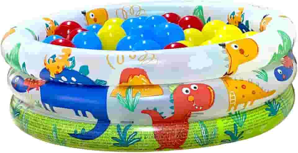 Piscina de Bolinhas Infantil Dinossauro 40 Litros Fundo Inflável + 50 Bolinhas Coloridas