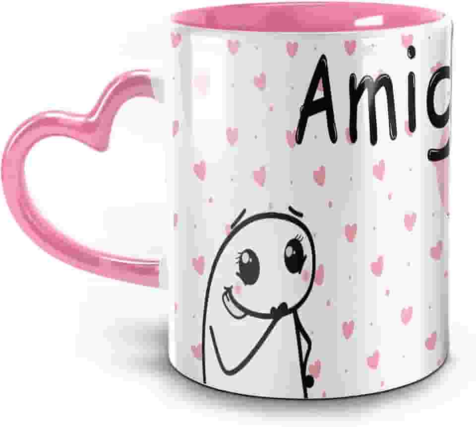 Caneca de Cerâmica Decorativa Amiga, Você é Meu Mundo, Tão Querida, 300 ml, Branca e Rosa