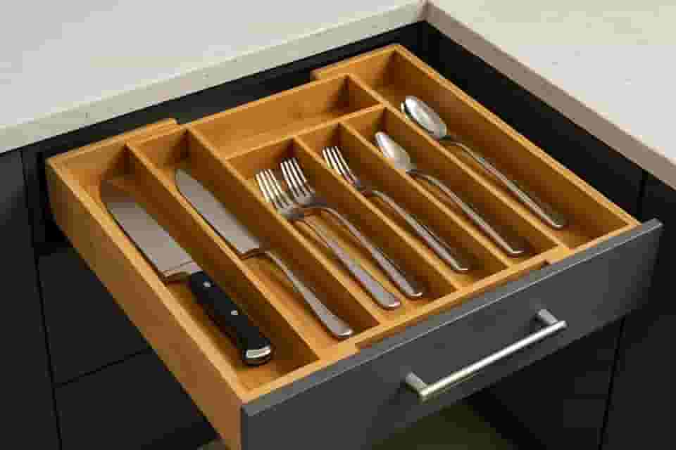Porta Talheres Gaveta Bambu 7 Divisórias Extensível Ajustável Organizador Talheres Madeira
