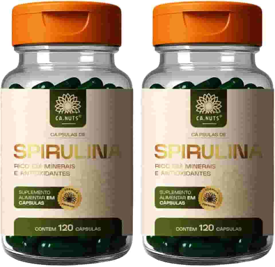 Spirulina em Cápsulas Ca.Nuts | Superalimento Natural – Mais Energia e Imunidade Forte – Rica em Proteínas, Ferro, Vitaminas – Vegana e Sem Glúten (2 Potes - Para 60 dias (240 Cápsulas))
