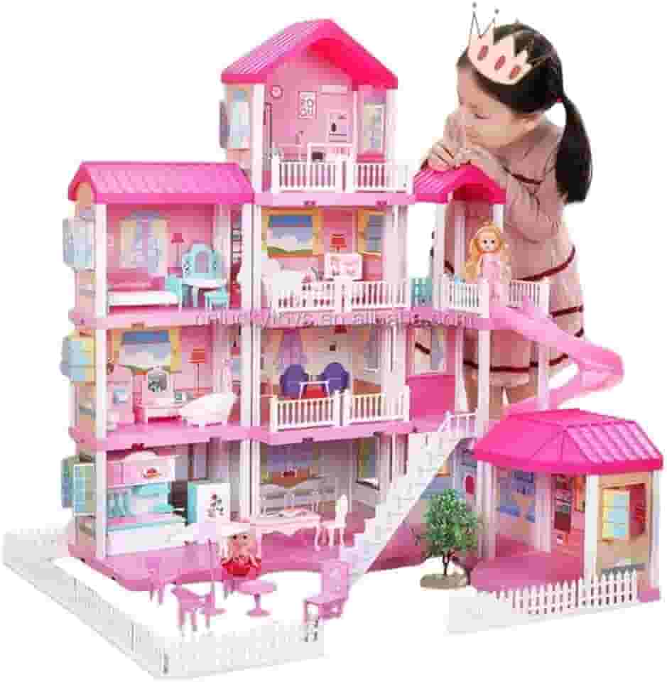 Casa de Bonecas Gigante, 4 Andares, 91 cm de Altura, com Móveis e Acessórios, 64 Peças