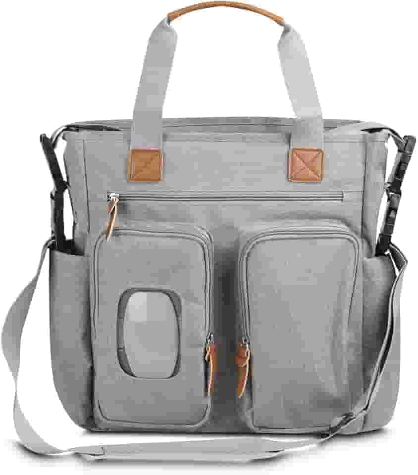Bolsa Multifuncional 29L para Maternidade e Dia a Dia – Grande Capacidade, Múltiplos Bolsos, Compartimento para Lenços Umedecidos, Alça de Ombro e de Mão, Poliéster Premium com Detalhes em PU – Cinza