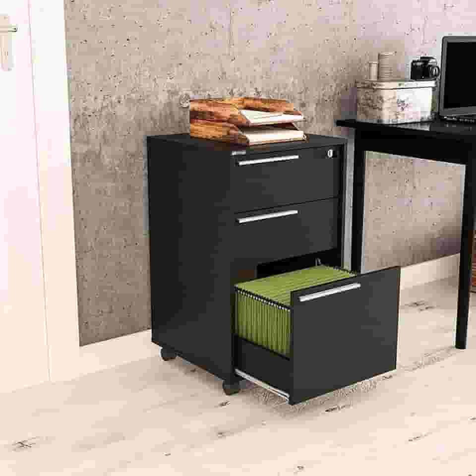 Gaveteiro Maia 3 Gavetas com Chave e Gaveta para Pastas Suspensas Preto Politorno