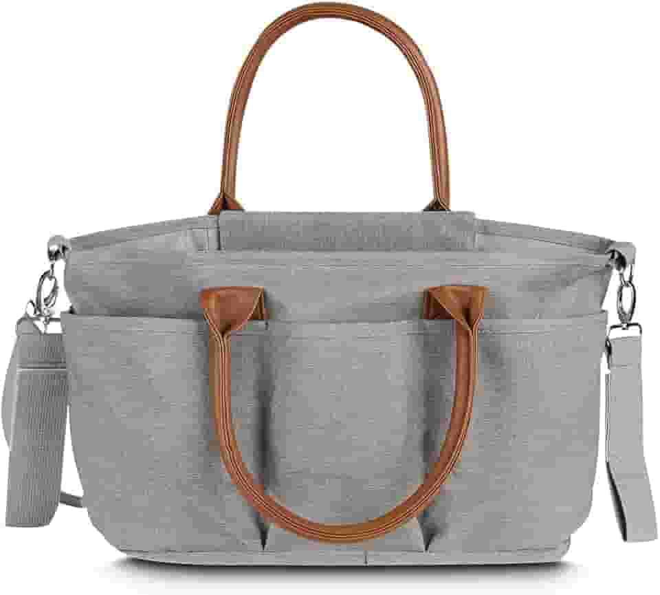 Bolsa maternidade multifuncional em poliéster 300d com detalhes em pu, 5 compartimentos externos, divisórias internas removíveis, compartimento térmico, alças de ombro e mão, engate para carrinho