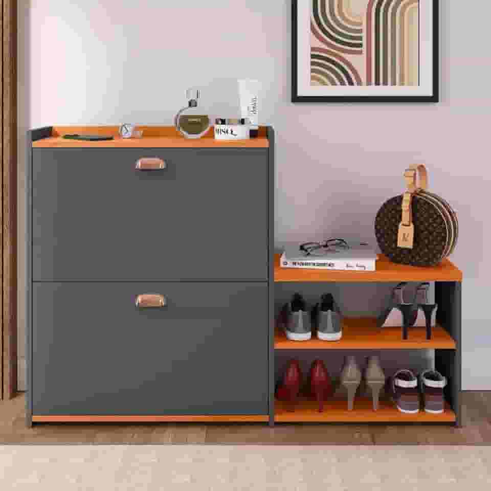 Sapateira Com Banco Moderna 2 Gavetas Basculantes 18 Pares Sapatos Para Quarto Hall de Entrada Closet (Cinza/Cinamomo)