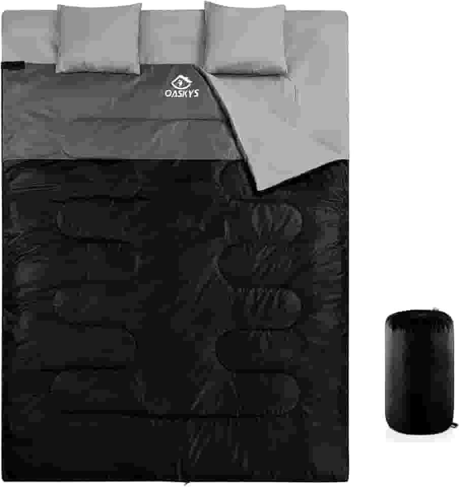 oaskys Saco de dormir duplo para adultos com 2 travesseiros – Queen Size GG Saco de dormir à prova d'água para todas as estações, acampamento, caminhada, mochilão, 2 pessoas, sacos de dormir para clima frio e quente
