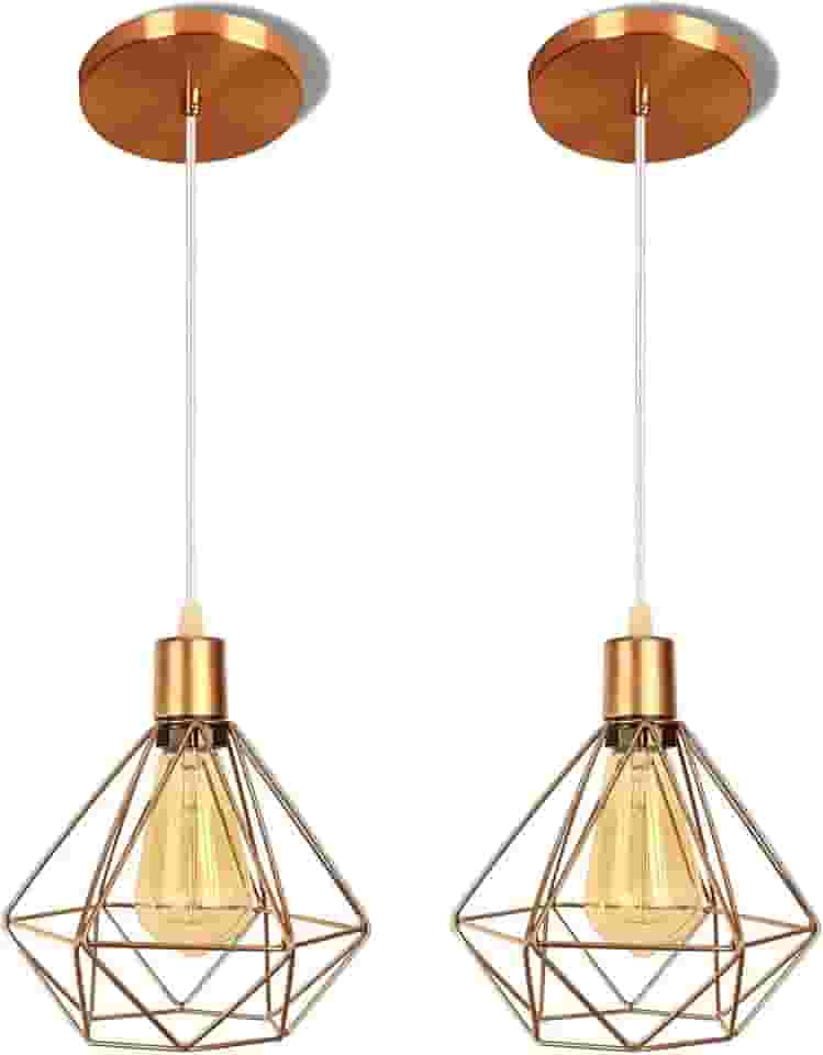 Pendentes Luminárias de Teto Aramado Diamante Dourado Kit 2