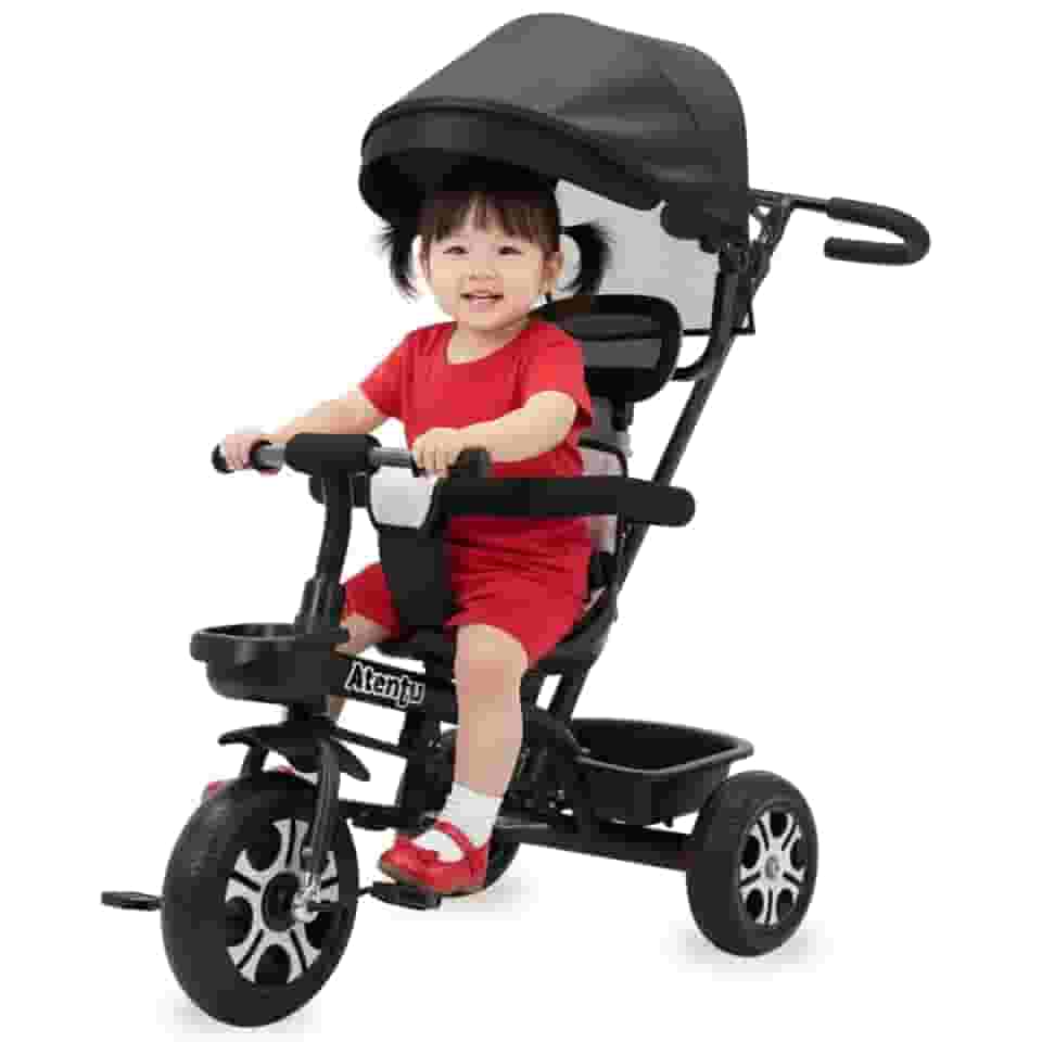 Triciclo Infantil com Alça e Capota Atentu Motoca Passeio com Empurrador (Preto)