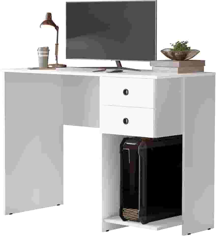 Escrivaninha Mesa de Computador com 2 Gavetas e Suporte para CPU/Gabinete - Ideal para Estudo Trabalho e Escritório (Branco)