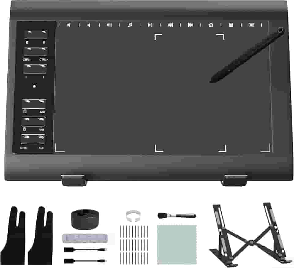 Tablet de desenho gráfico, ienRon 25 x 15 cm, tablets gráficos digitais para PC e computador/pad - caneta sem bateria de pressão 8192, 12 teclas de atalho, compatível com Windows/Android, inclui