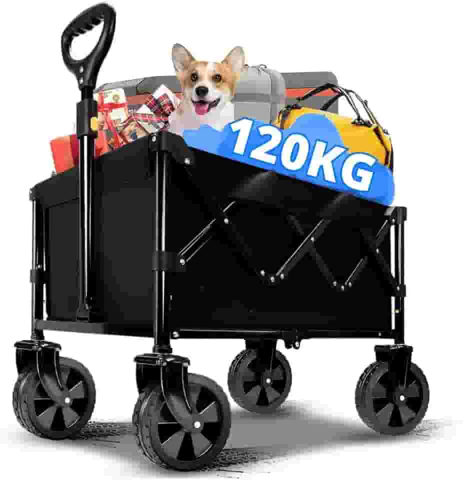 Carrinho Dobrável Multiuso Para Carga, Vagão Articulado Com Rodas 360°, Alça Ajustável, Estrutura Aço Reforçado, Transporte Praia Camping Compras Feira Preto