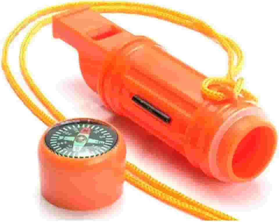 Apito de Emergência Sobrevivência Com Cordão 4 em 1 com Bússola, Pederneira, Espelho Sinalizador e Compartimento – Kit Multifuncional para Trilha, Resgate Salva-Vidas, Pesca, Barco, Acampamento e Caça