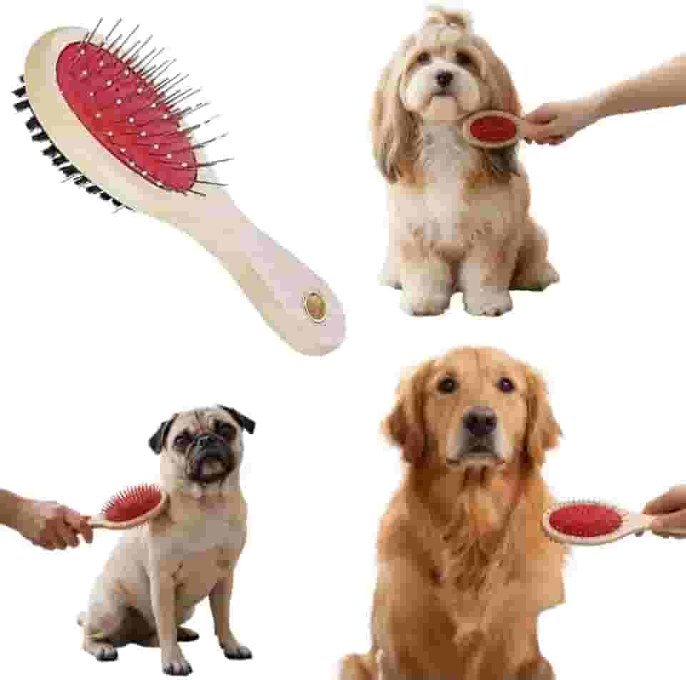 Escova Dupla para Pelos Longos de Cachorros e Gatos com Cabo de Madeira Ergonômico – Lado com Cerdas Macias e Pinos Metálicos para Desembaraçar, Remover Sujeira e Dar Brilho ao Pelo do Pet