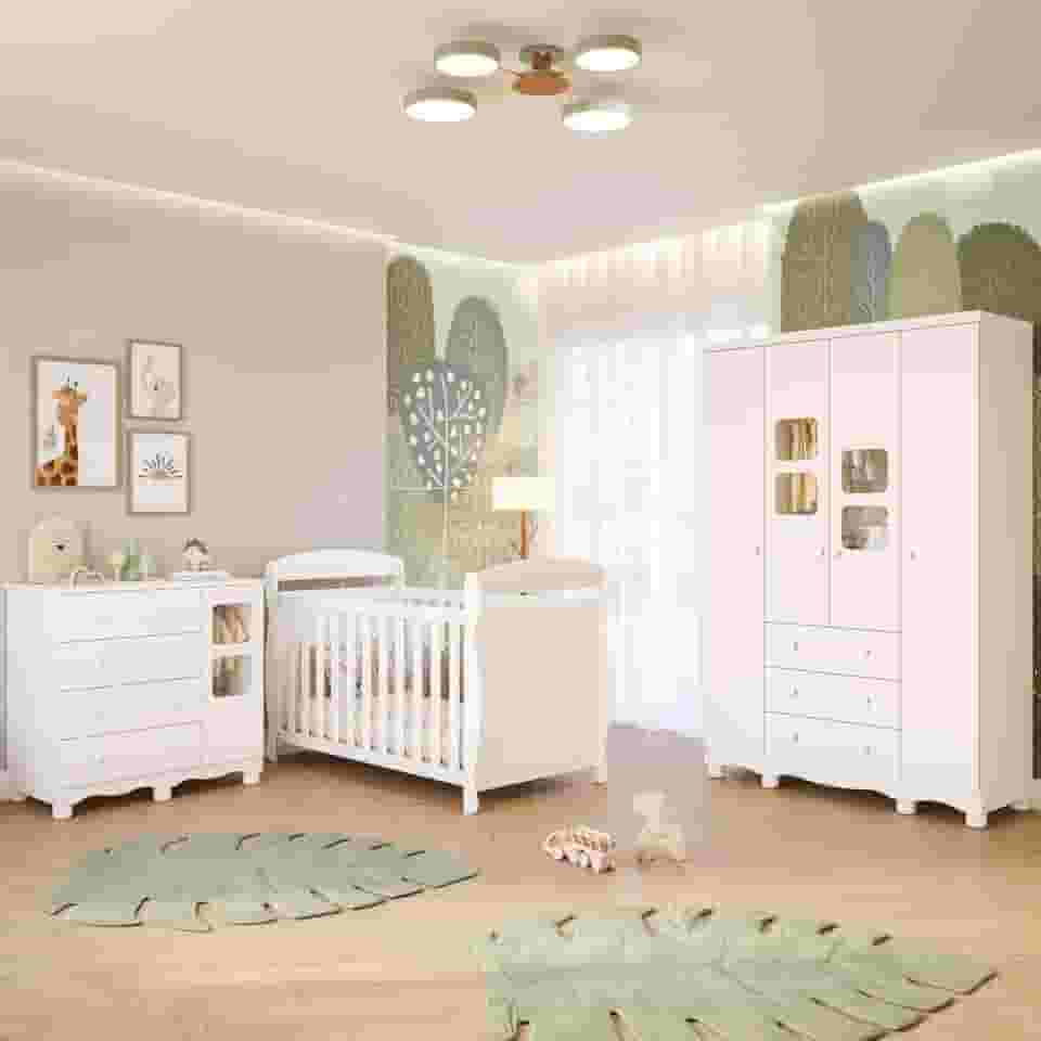 Quarto Bebê Completo Berço Americano Marquesa 3 em 1 Guarda Roupa 4 Portas Cômoda Uli 100% Mdf Móveis Peroba Branco Brilho