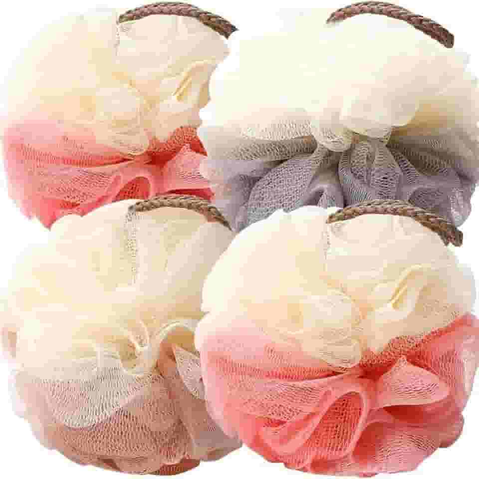 Pacote com 4 esponjas de banho, esponjas esfoliantes de malha, pufe de malha, sabonete líquido corporal