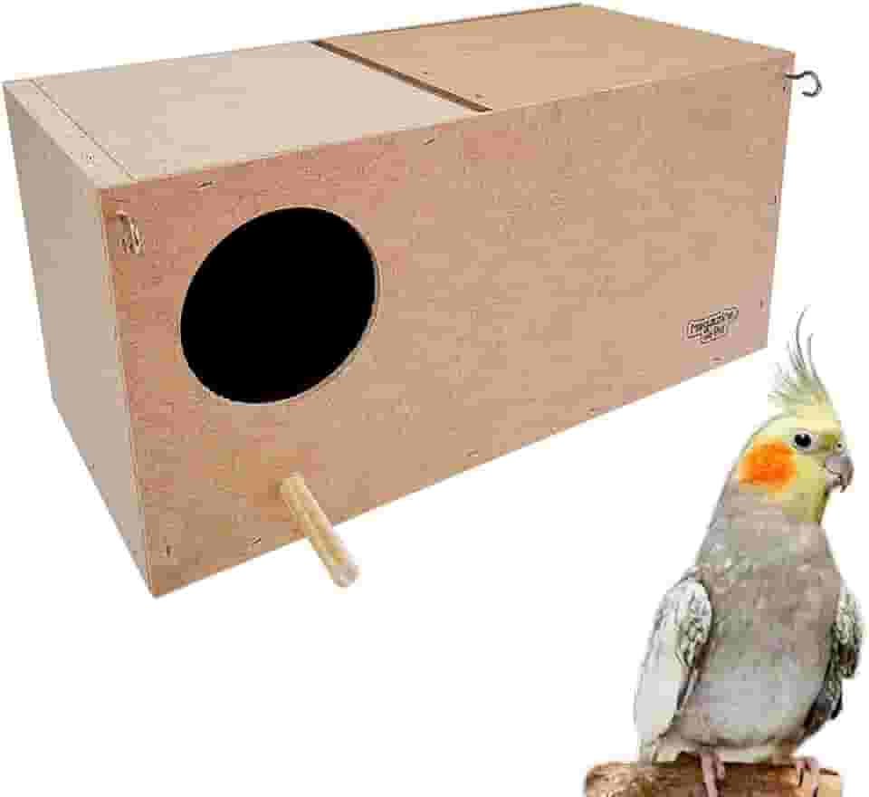 Ninho para Calopsita em MDF, Marrom Natural, 33x16.5x16cm, Com Gancho, Tampa Removível, Para Reprodução e Descanso