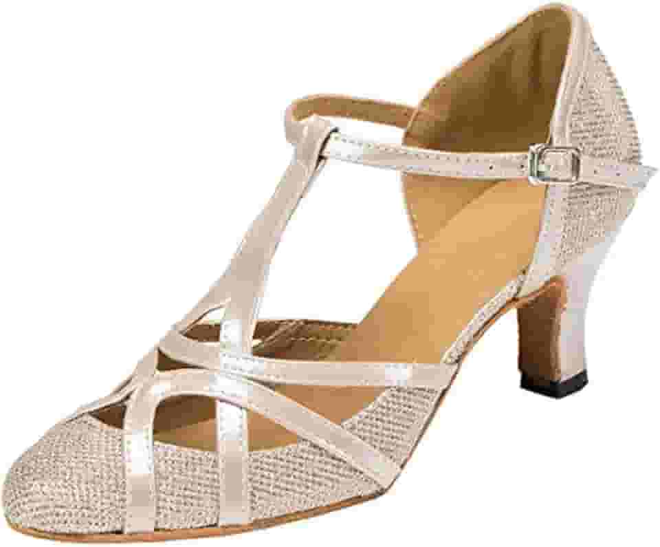 Tênis feminino de dança de salsa tango sintético com tira em T com glitter