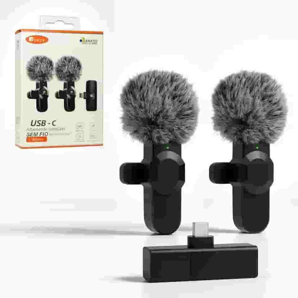 Kit 2 unidades Microfone de Lapela, Lapela Sem Fio Duplo com Redutor de Ruído e Wind Shield Profissional para Vídeos de Gravação Externa ou Interna- Conector USB-C