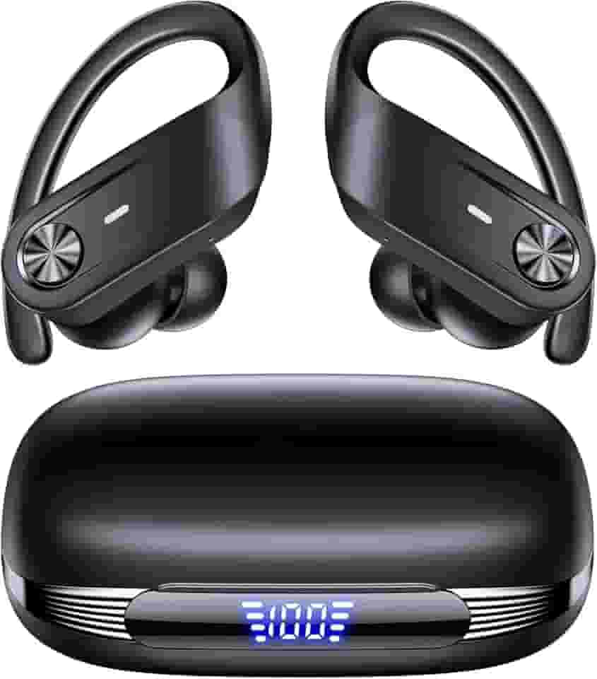 Fones de ouvido sem fio Bluetooth, à prova d'água IPX7, display LED de energia, fones de ouvido esportivos com gancho de orelha e microfone, até 80 horas de reprodução