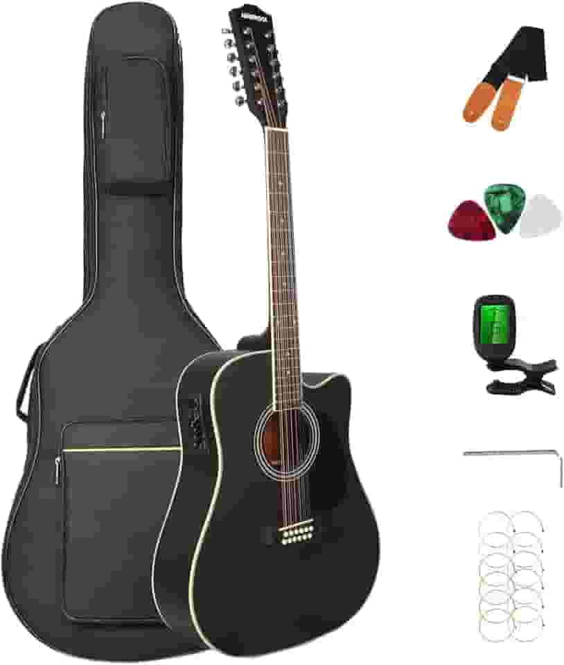 Guitarra elétrica acústica de 12 cordas, 12 cordas, guitarra recortada, pacote com saco de concerto, afinador, cordas, correia, palhetas