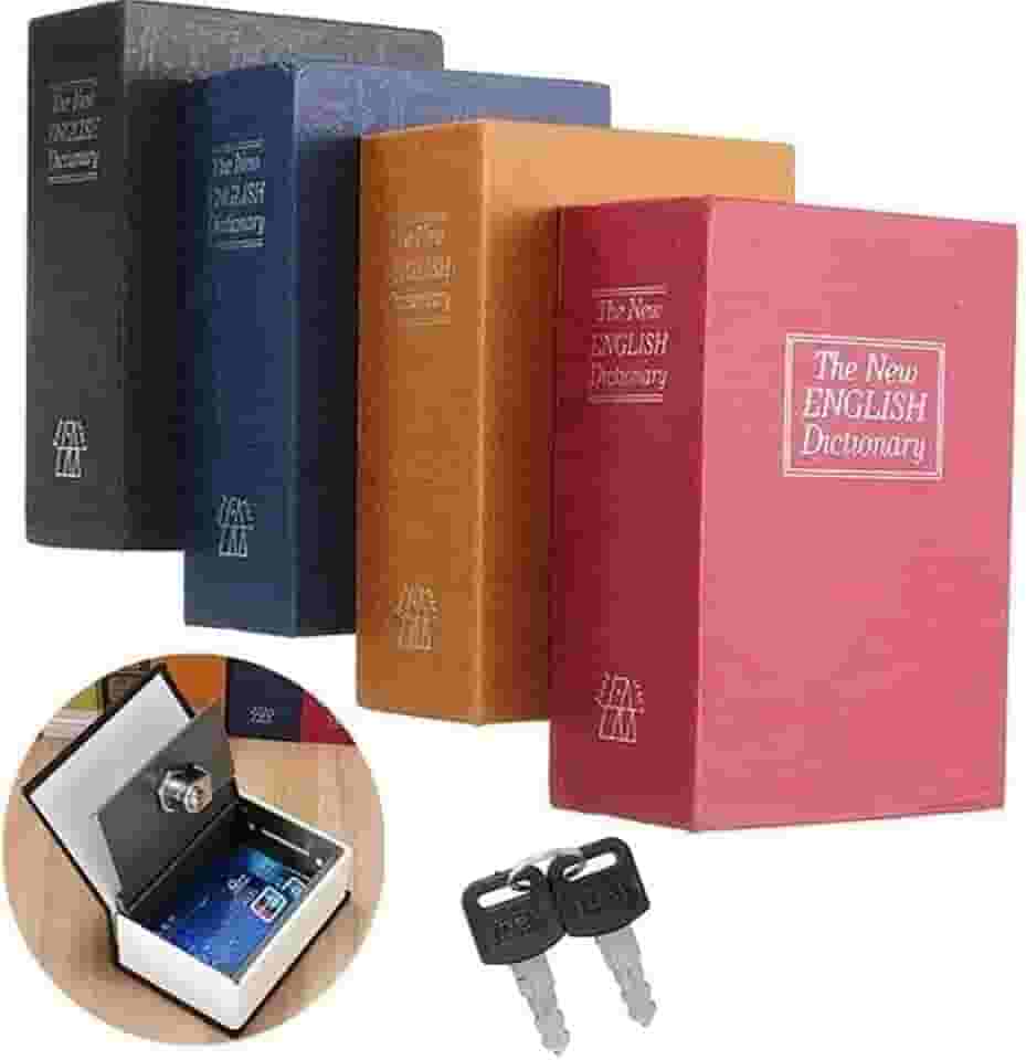 Cofre Camuflado em Formato de Dicionário Inglês, Metal, Pequeno, 18,2 x 11,5 x 5,5 cm, com 2 Chaves