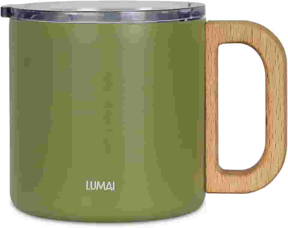 LUMAI Caneca Térmica Vietnã 350ml Aço Inoxidável, Parede Dupla Isolada a Vácuo, Mantém Bebidas Quentes ou Frias por Horas, Tampa Vedada Antivazamento, Alça de Madeira – Verde