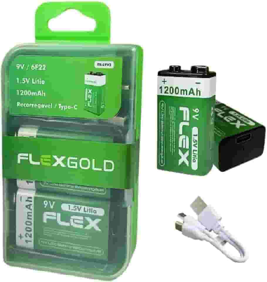 2 Baterias 9v Recarregaveis de Litio via Cabo USB-C com Led indicador de carga 1200mAh de Potência