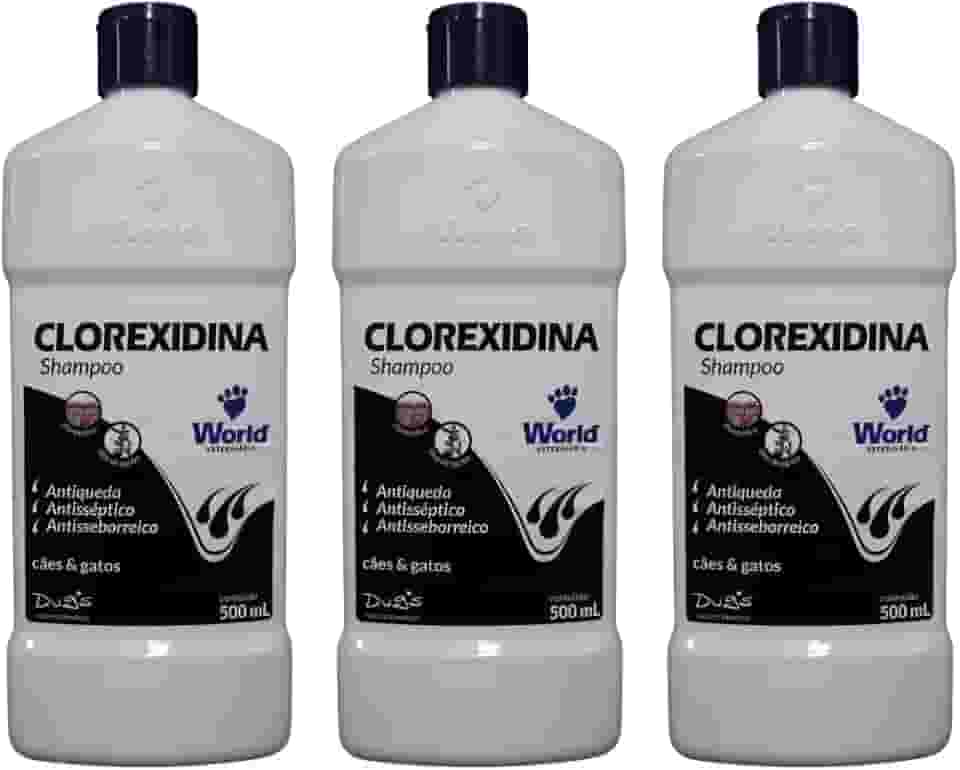 Shampoo Clorexidina Antisséptico e Antiqueda para Cães e Gatos, 500 ml, Embalagem com 3 Unidades