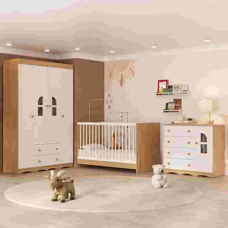 Quarto de Bebê Completo com Berço 3 em 1 para Colchão 130x60cm Liz Multimóveis Mp4551 Madeirado/branco