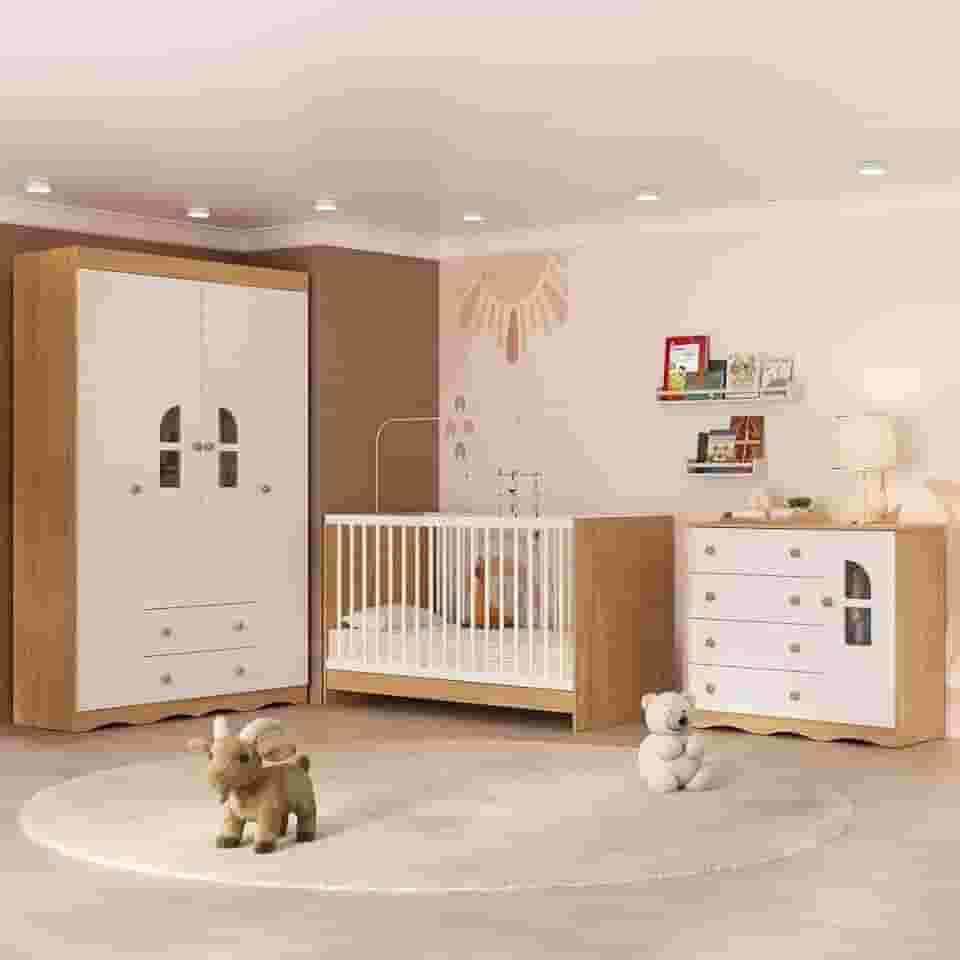 Quarto de Bebê Completo com Berço 3 em 1 para Colchão 130x60cm Liz Multimóveis Mp4551 Madeirado/branco
