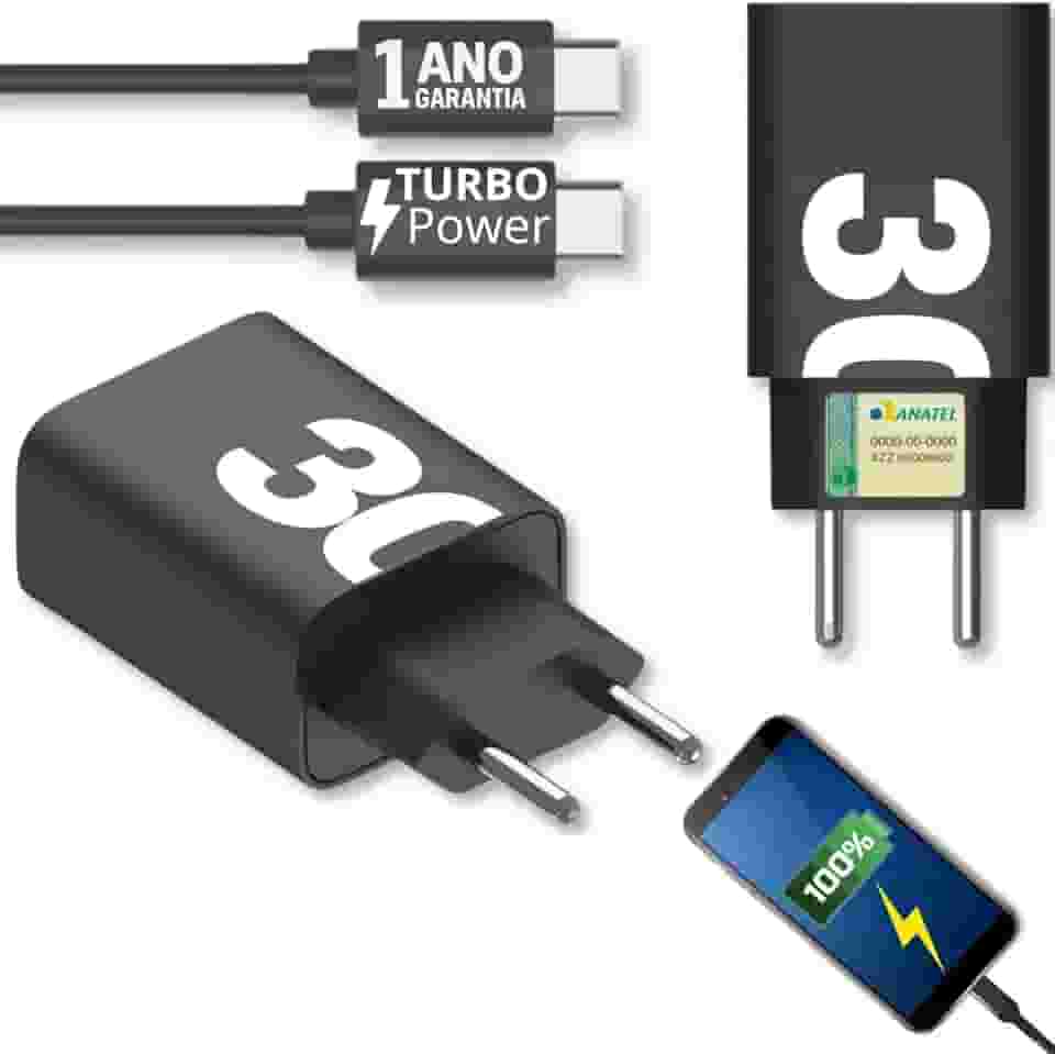 Carregador Turbo 30W Tipo-C PDCompatível Motorola Moto G54 G84 G34 G75 G85 G22 G100 G200 E13 Edge 20 30 40 50 60 Ultra Neo Razr 40 50 60 Plus Pro Max 5G IOS Cabo USB-C UNIVERSAL Rápido Premium 10CLICK