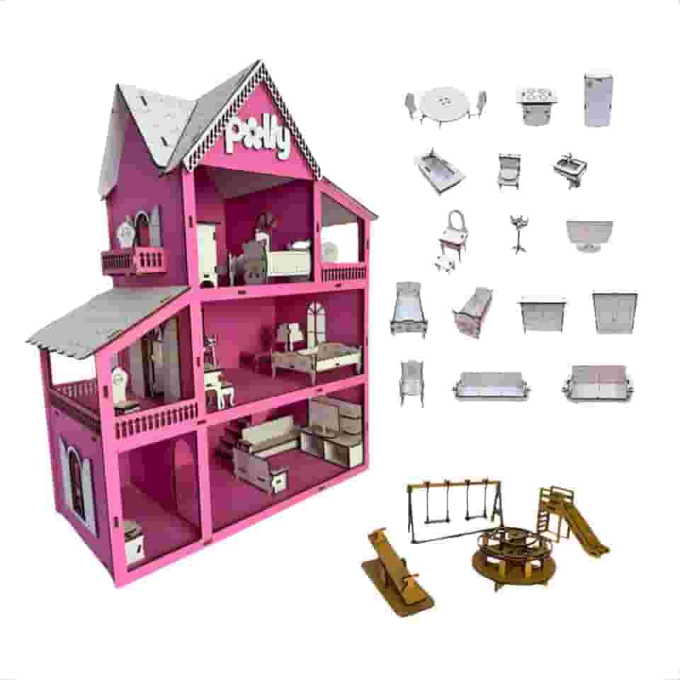 Casinha de Boneca Pequena Infantil Em Mdf Cor Rosa com Moveis e Parquinho