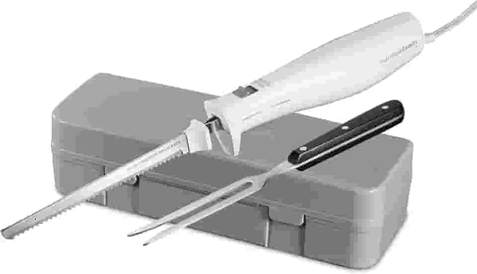 Hamilton Beach Faca elétrica para esculpir carnes, aves, pão, espuma de artesanato e muito mais, com lâminas de aço inoxidável serrilhadas alternativas, design ergonômico, estojo de armazenamento e
