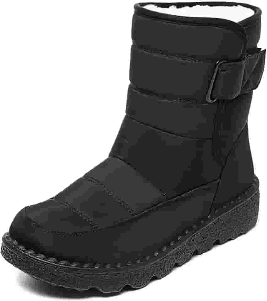 Botas de neve femininas de tecido impermeável com gancho e laço, confortável, bico redondo, forro de pelúcia, sem cadarço, botas de inverno impermeáveis para atividades ao ar livre, montanhismo, lazer