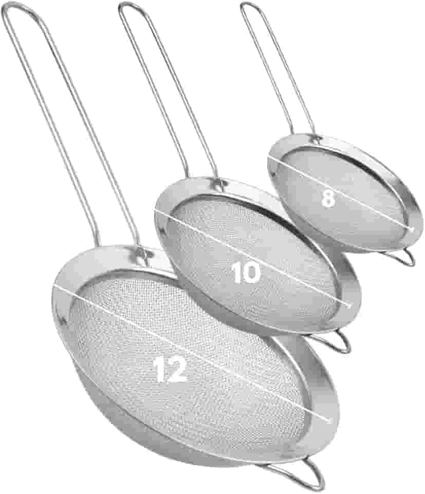 Kit com 3 Peneiras de Cozinha Inox com Alça – Tamanhos 8cm, 10cm e 12cm – Para Coar, Peneirar e Lavar Alimentos com Facilidade - Premium