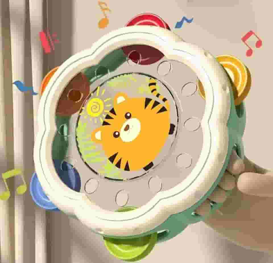 Pandeiro Musical Infantil com Design de animais, Brinquedo Educativo Sensorial para Bebês, Chocalho Colorido com Notas Musicais, Tambourine Decorativo
