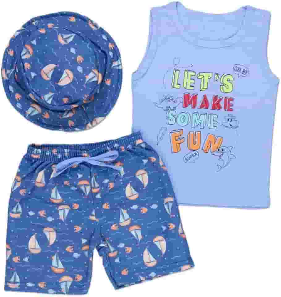 Kit Infantil Verão com Regata Algodão Macio, Bermuda Fresca e Chapéu Protetor – Loja Era Uma Vez – Cores e Tamanhos