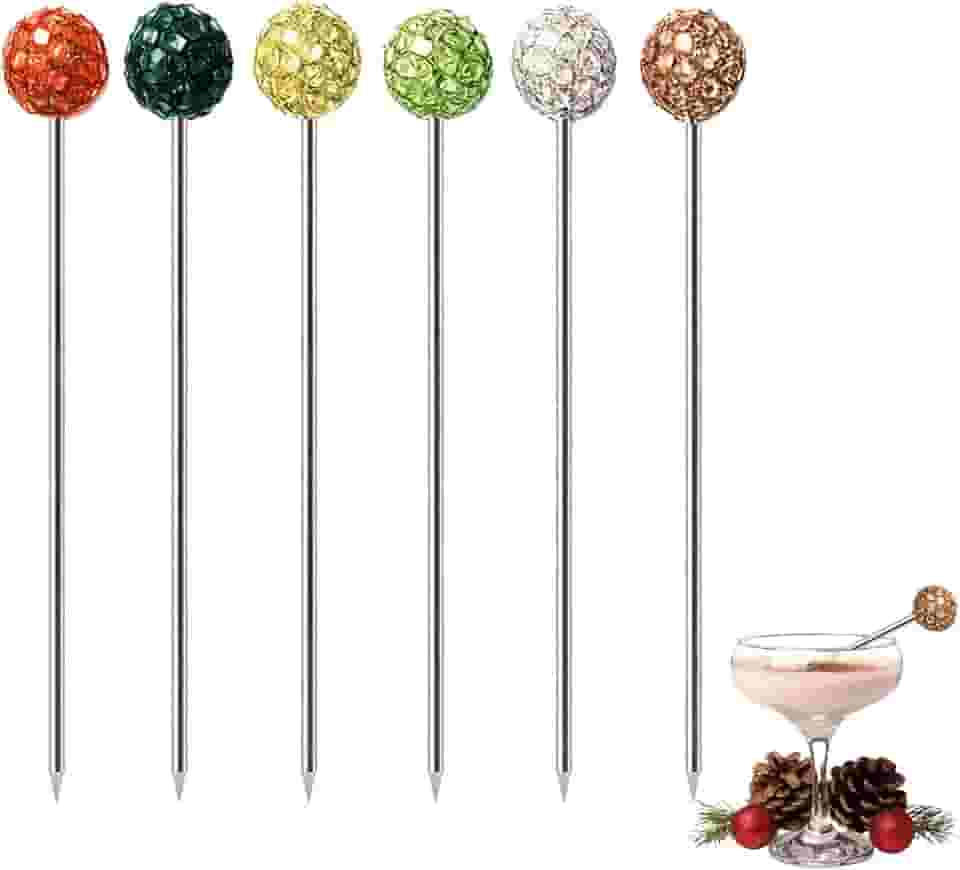 Palitos de coquetel de martini com bola colorida de metal, 6 peças, espetos de azeitona de 10 cm, espetos de enfeite de martini de aço inoxidável, palitos de dente reutilizáveis para azeitona