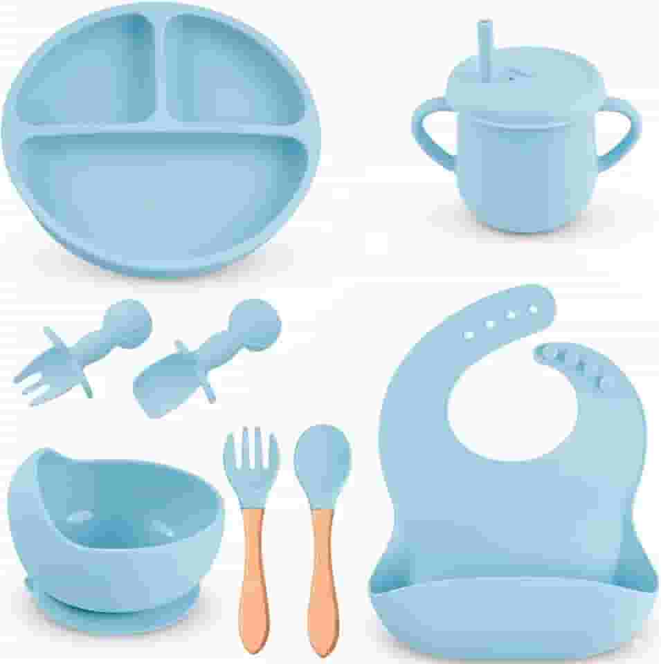 Kit Introdução Alimentar Bebe 8 Peças Silicone Iniciação Para Alimentos Livre de BPA Atóxico Antibacteriano Seguro Sem Pontas Colher, garfo, copinho, pote e pratinho Criança (Azul Claro)
