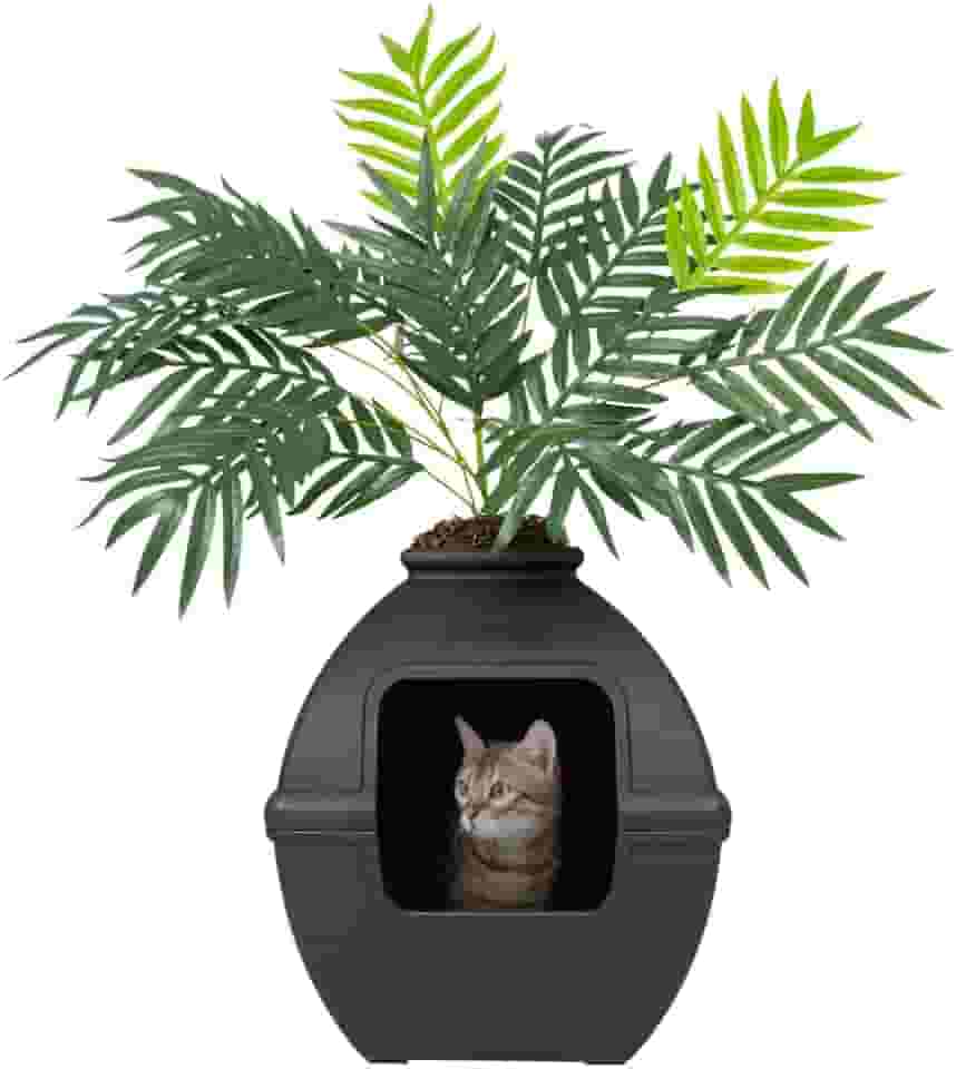 Good Pet Stuff Caixa de areia oculta para gatos com planta artificial, plantador de pátio quadrado decorativo, controle de odor de filtro de carvão, fácil de limpar, feito nos EUA, kit base, preto