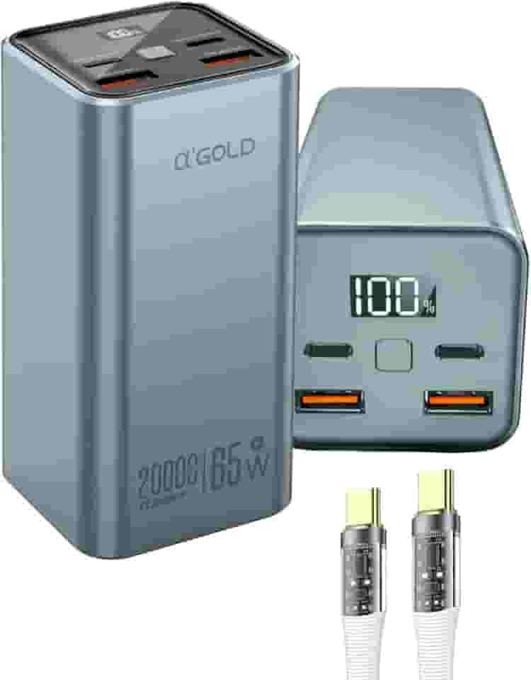 Power Bank A'Gold BTE-92 20000mAh Turbo 65W p/Notebook + 2 Cabos USB-C (20cm + CB-88 LED Trançado 66W 1m), 4 Saídas, PD QC4.0, Visor Digital, Compatível MacBook, Dell, Samsung, Xiaomi