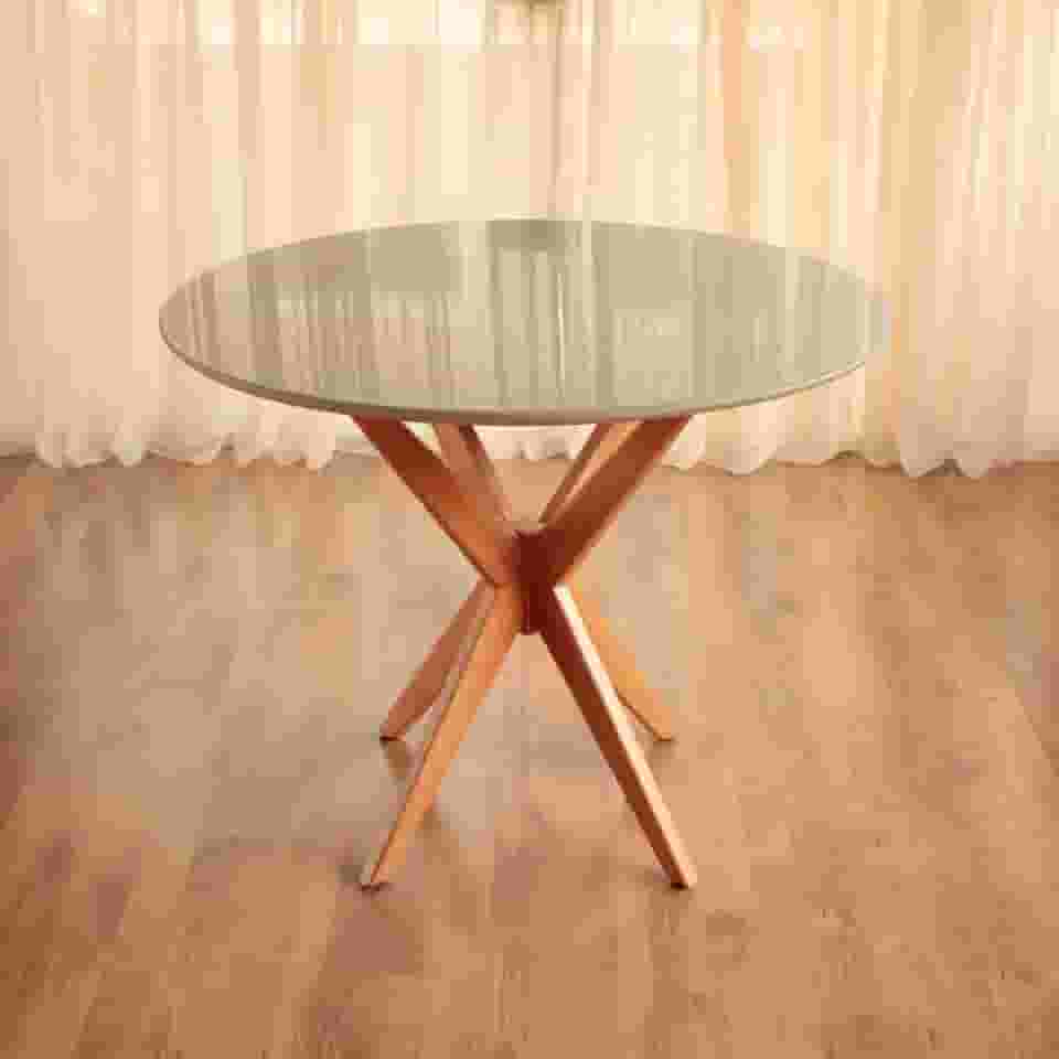 Mesa de Jantar Redonda Laqueada Tampo com Vidro Base Estrela em Madeira Maciça Mel (90 CM)