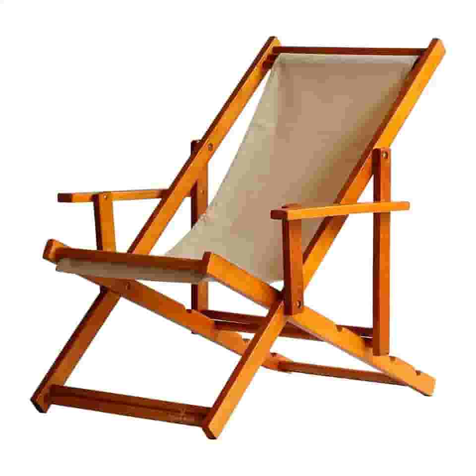 Espreguiçadeira em Madeira Maciça para Piscina, Praia – Com Braço, Dobrável, Acabamento Envernizado (Bege)