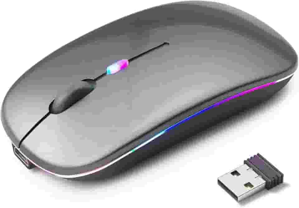 Mouse Sem Fio Recarregável com LED RGB Design Ergonômico e Conexão Bluetooth para Notebook PC e Home Office (Cinza)