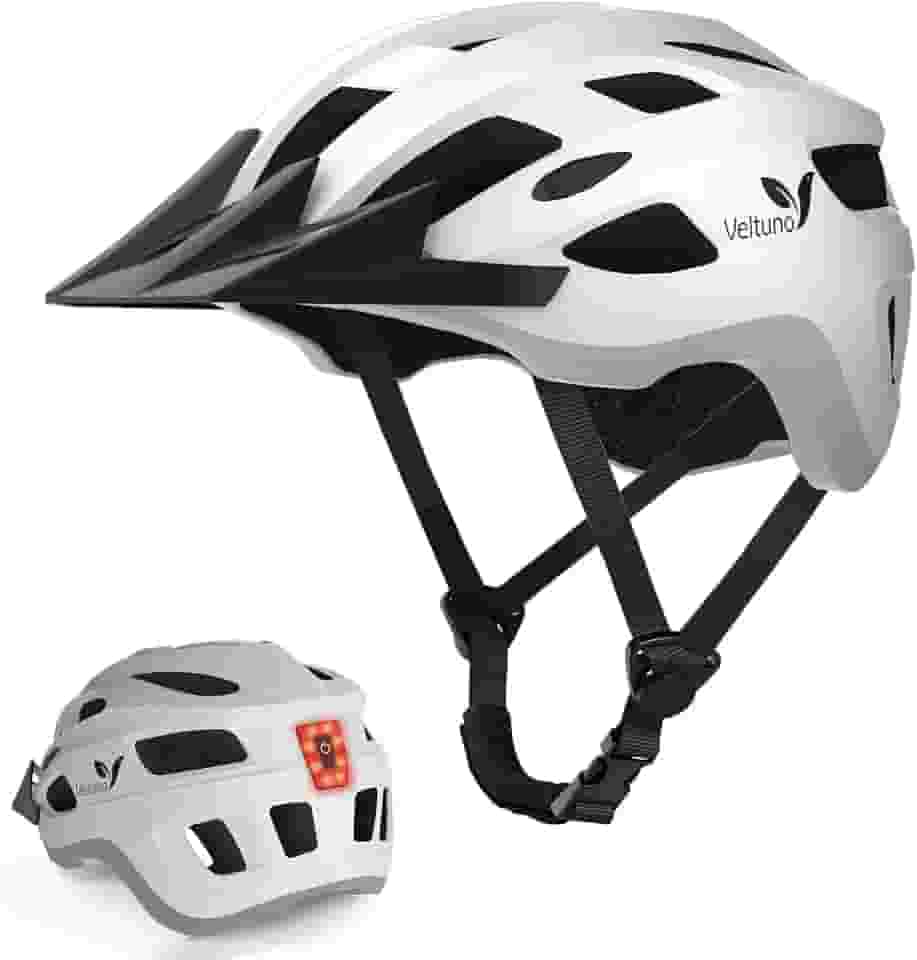 Veltuno Capacete de bicicleta para adultos, capacete leve de bicicleta de montanha com luz traseira de LED recarregável por USB, viseira de sol removível para mulheres, homens, adequado para ciclismo