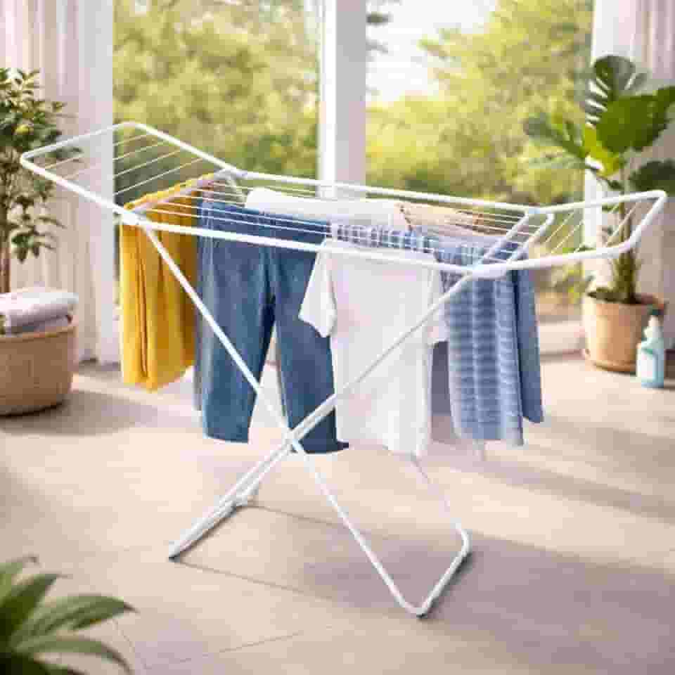 Varal de Chão com Abas Dobrável Slim Aço Resistente Compacto Portátil Leve Dobrável com Pintura Epóxi Ideal para Apartamentos Lavanderia Varal de Roupas Interno Externo Prático Durável